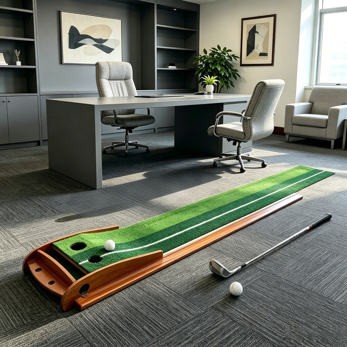 Golden Select Wood Frame Golf Putting Mat & Ball Return Set Portable