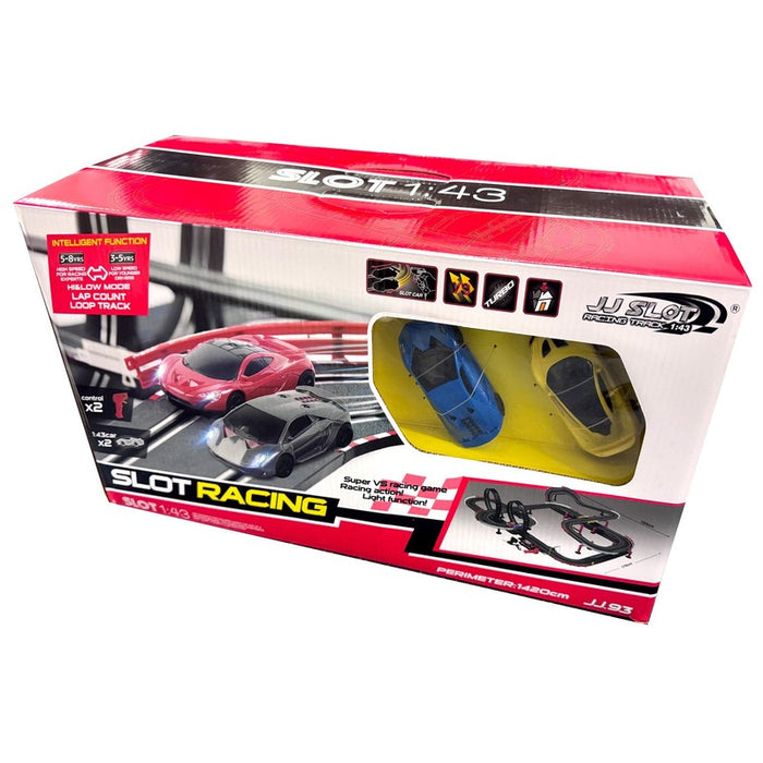 Race Track Set With 2 Light-Up Slot Cars & 1420 Cm Turbo 1:43 Controls JJ SLOT
