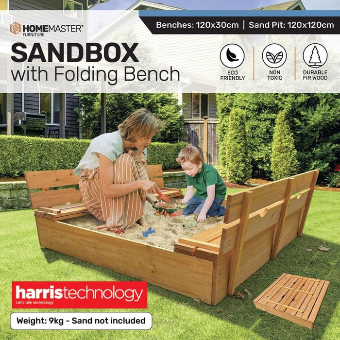 Sandpit Wooden With Folding Benches Kids Square Homemaster Outdoor Sandbox 120cm