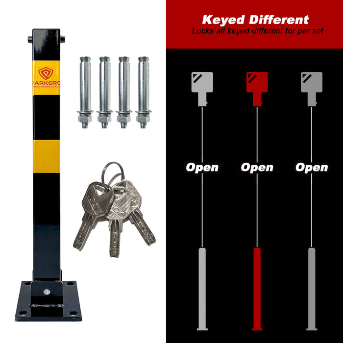 Parkero Square Fold-down Bollard Black Parking Barrier 2 Key teyp Vehicle Security Black Keyed Different / Alike