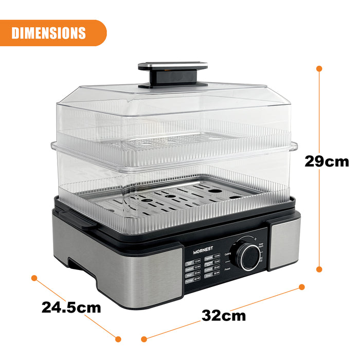 Electric Food Steamer 12L 2 Tiers Stainless Steel Tray 1500W Adjustable Timer