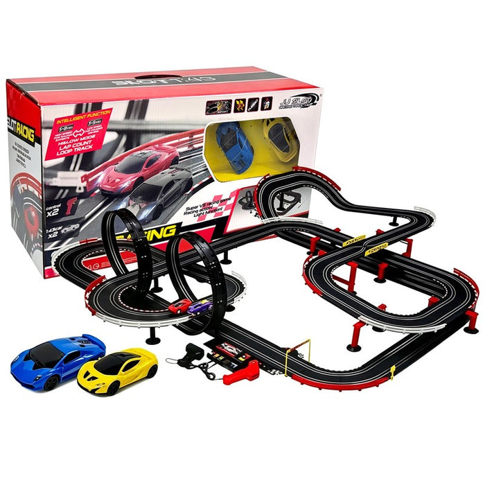 Race Track Set With 2 Light-Up Slot Cars & 1420 Cm Turbo 1:43 Controls JJ SLOT