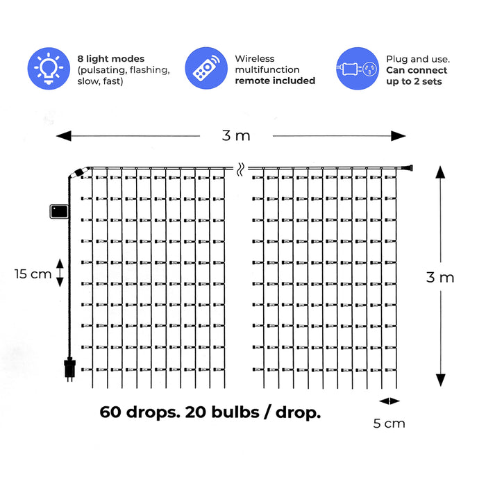 AVAH Waterfall String Lights Waterproof Dimmable 1200 LED 8 modes Remote Control
