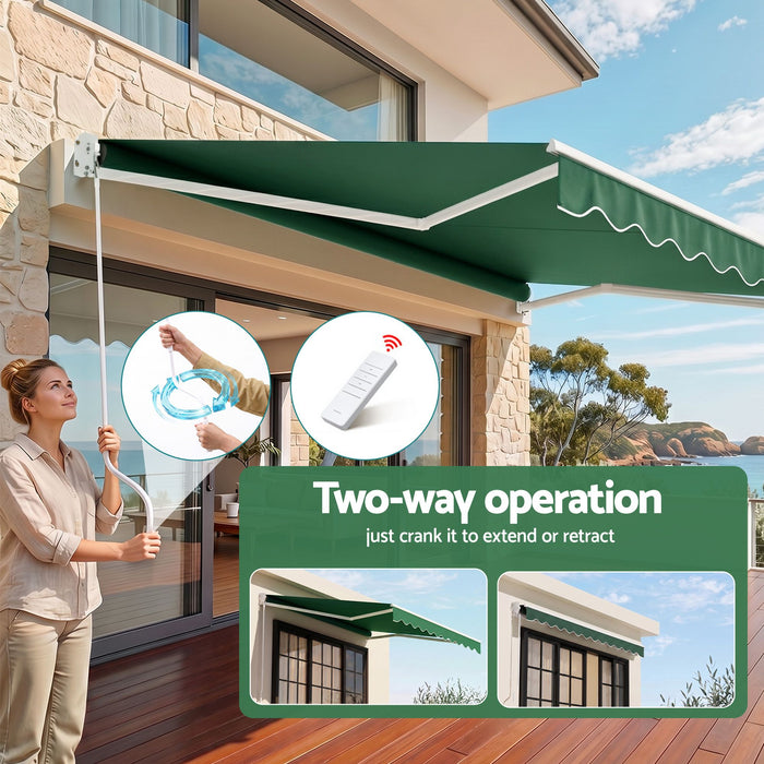 Instahut Retractable Folding Arm Awning Motorised Sunshade 5Mx3M Dark Green
