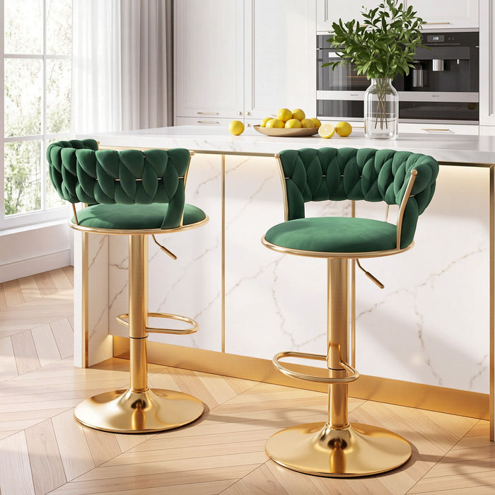 Artiss 2x Bar Stools Gas Lift Adjustable Velvet Woven Backrest Vivien Green