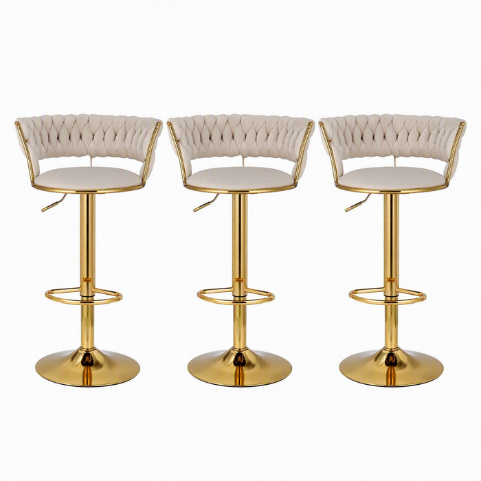 Artiss Bar Stools X3 Kitchen Counter Chair Gas Lift Velvet Woven Backrest Ivory