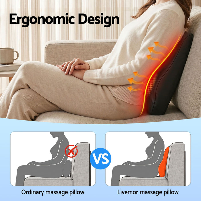Livemor Back Massager with Heat and Traction, Neck and Shoulder Massage Pillow, Ergonomic Backrest for Office Chair & Sofa, Lumbar Support Cushion with 2-Level Thermal Relief, 6 Modes for Cervical & Full Body Pain Relief, Large