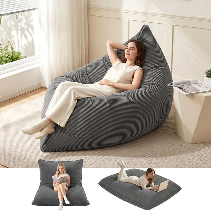 Artiss 3 in 1 Bean Bag Chair with Filler Convertible Bean Bag for Adults, Corduroy DIY Stuffed Bean Bag Sofa Washable for Living Room Bedroom, Grey