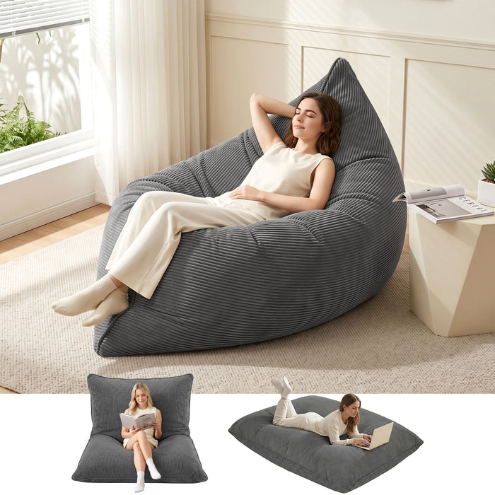 Artiss 3 in 1 Bean Bag Chair Cover (No Filler) Convertible Bean Bag for Adults, Corduroy Stuffed Animal Storage Bean Bag Cover Washable for Living Room Bedroom, Grey
