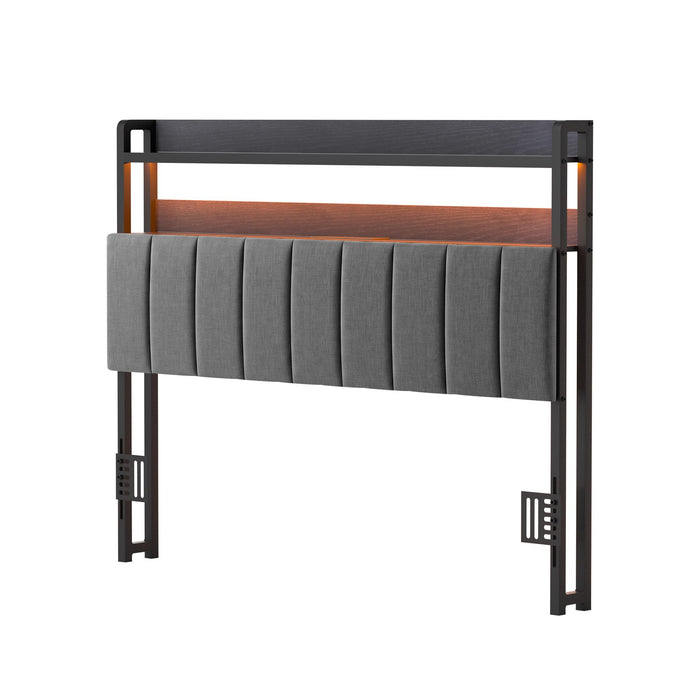 Artiss Double Headboard Charging Station Storage LED Light Grey Upholstered