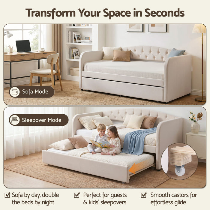 Artiss King Single Daybed Velvet Trundle Bed Frame Tufted Guest Bed