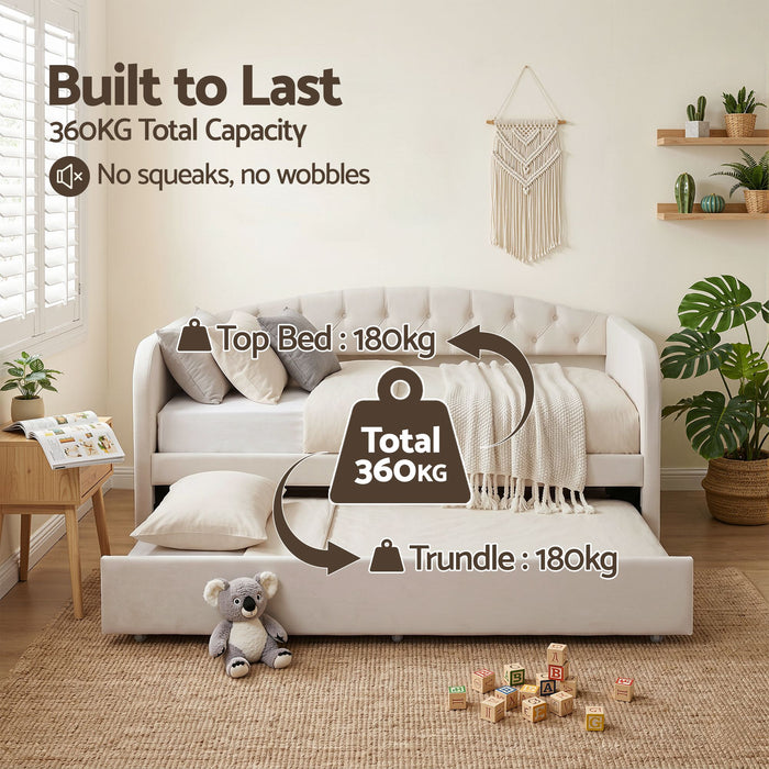 Artiss Single Daybed Velvet Trundle Bed Frame Tufted Guest Bed