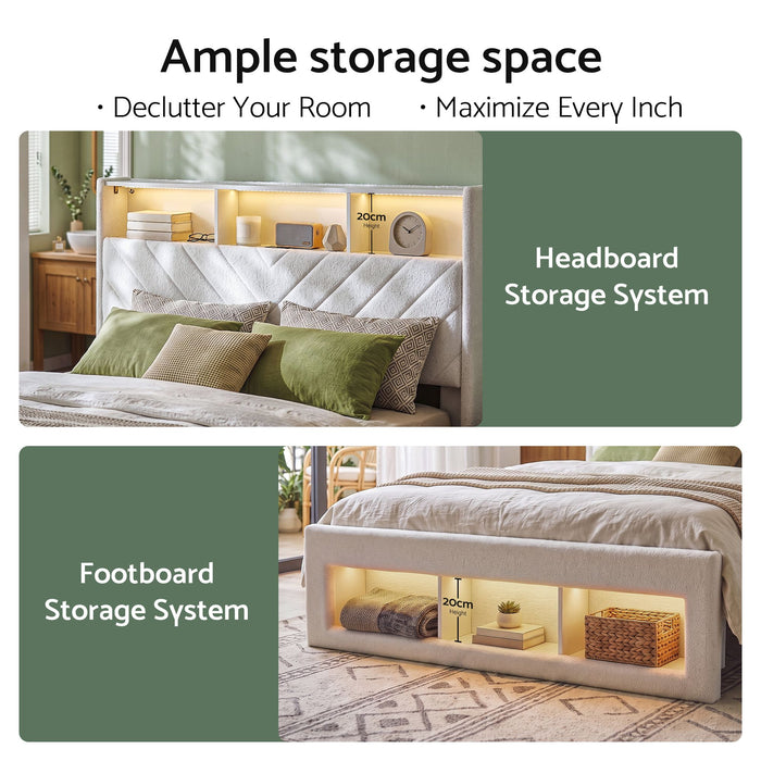 Artiss King Bed Frame with Storage, Charging Station & LED, White