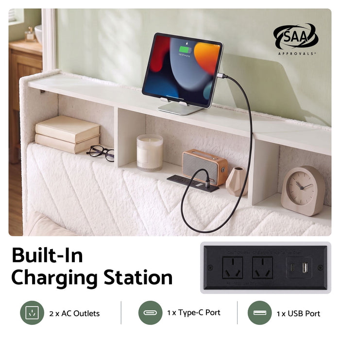 Artiss Queen Bed Frame with Storage Charging Station & LED White
