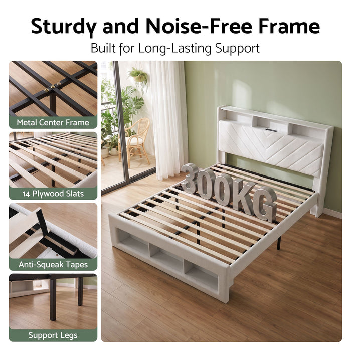 Artiss Queen Bed Frame with Storage Charging Station & LED White