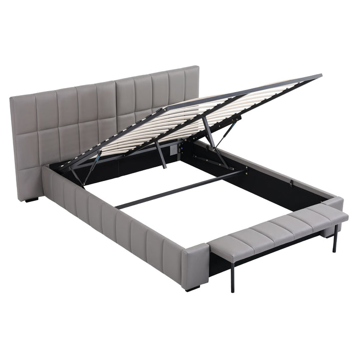 Artiss Double Size Upholstered Gas Lift Bed Frame with Foldable Bench PVC Leather Platform Bed with Storage