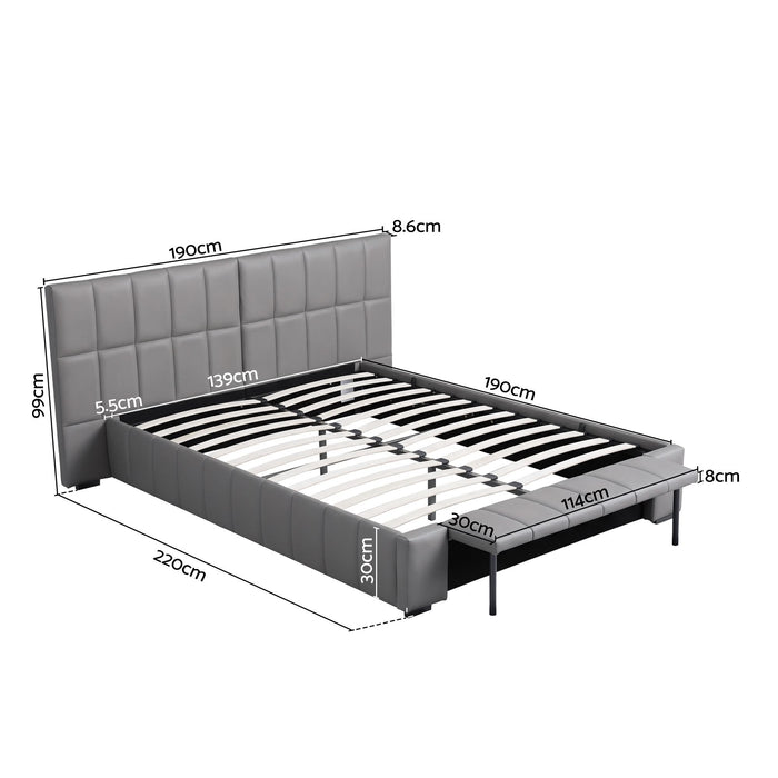 Artiss Double Size Upholstered Gas Lift Bed Frame with Foldable Bench PVC Leather Platform Bed with Storage