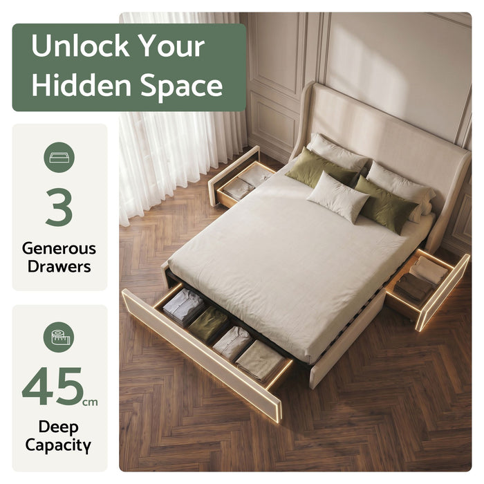 Artiss Double Upholstered Bed Frame with 3 Storage Drawers Wingback Headboard Heavy Duty Metal Platform Base