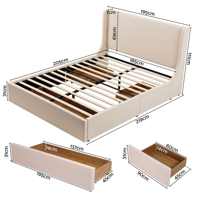 Artiss King Upholstered Bed Frame with 3 Storage Drawers Wingback Headboard Heavy Duty Metal Platform Base