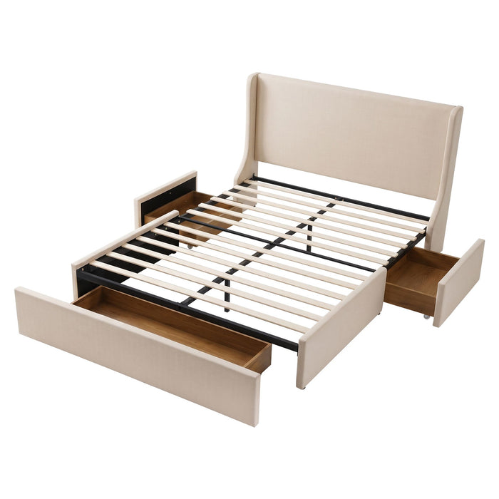Artiss Queen Upholstered Bed Frame with 3 Storage Drawers Wingback Headboard Heavy Duty Metal Platform Base