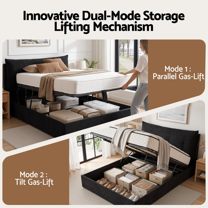 Artiss Queen Bed Frame with Horizontal Gas Lift Storage with LED Light USB Type-C Charging Station Black Velvet