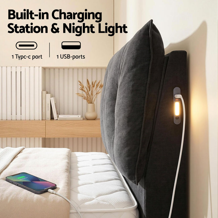 Artiss Queen Bed Frame with Horizontal Gas Lift Storage with LED Light USB Type-C Charging Station Black Velvet