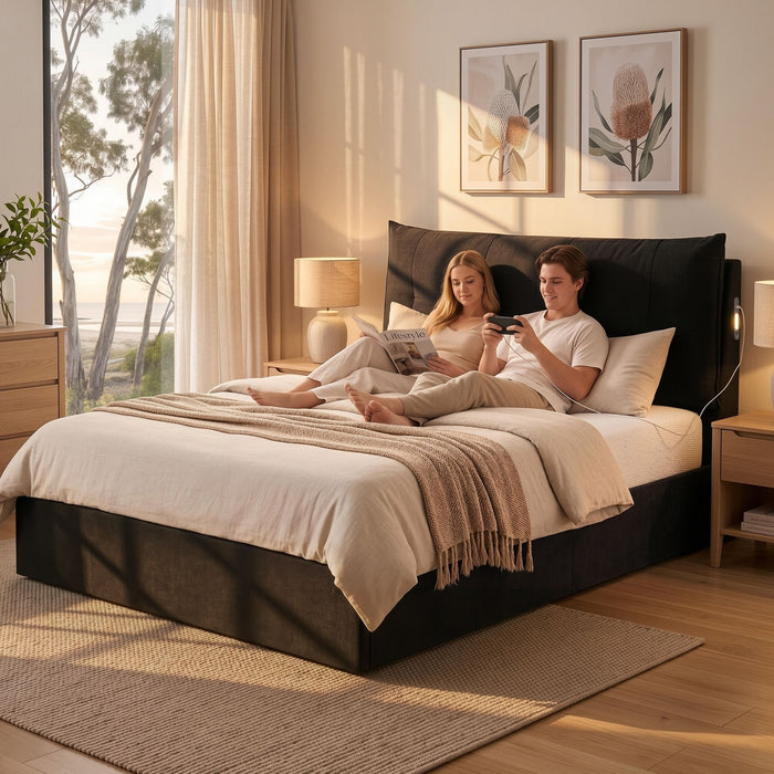 Artiss Queen Bed Frame with Horizontal Gas Lift Storage with LED Light USB Type-C Charging Station Black Velvet