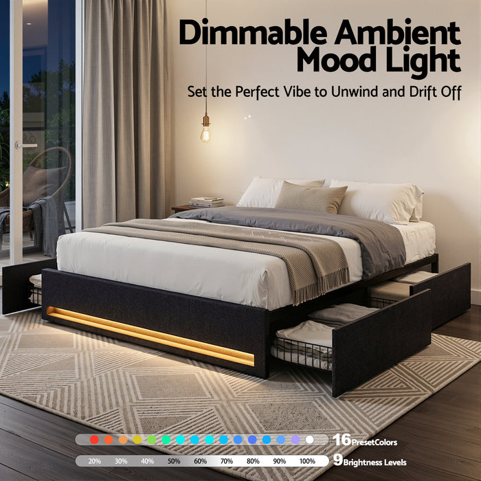 Artiss Queen Bed Frame with Storage Drawers RGB Lights Charging Station Upholstered Fabric