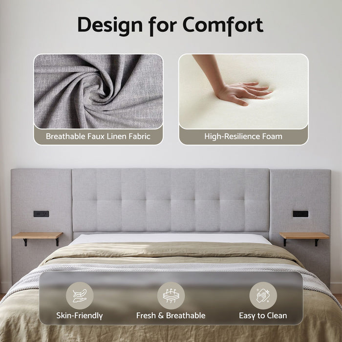Artiss King Bed Frame with Wide Headboard, Floating Shelves and USB Grey