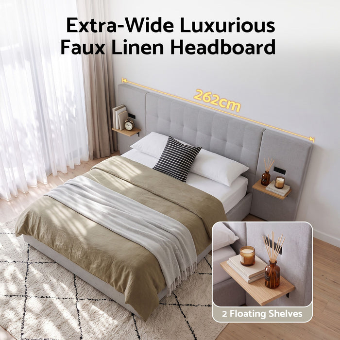 Artiss Queen Bed Frame with Wide Headboard, Floating Shelves and USB Grey