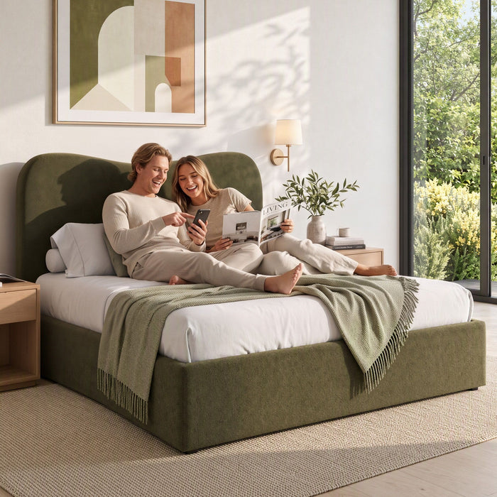 Artiss Double Bed Frame with Storage Drawer, Chenille Curved Headboard