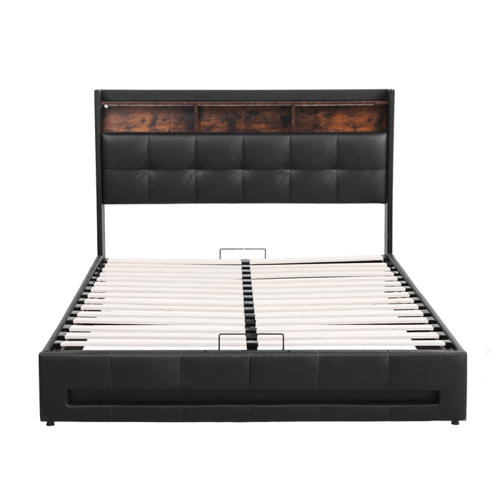 Artiss Double Bed Frame with Gas Lift Storage LED Lights Charging Station Headboard with Open Shelf