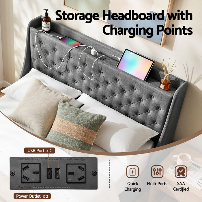 Artiss Double Bed Frame with 4 Storage Drawers and Charging Station Tufted Wingback Headboard 300kg Loads Charcoal Grey