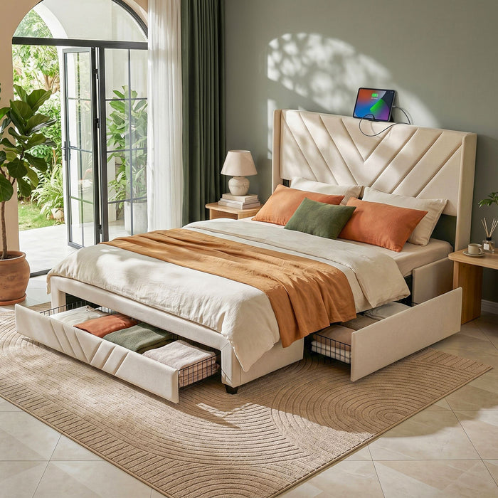 Artiss King Bed Frame with Charging Station and Storage Drawers Beige 300KG Noise Free