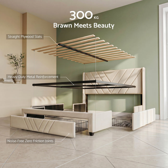 Artiss Queen Bed Frame with Charging Station and Storage Drawers Beige 300KG Noise Free