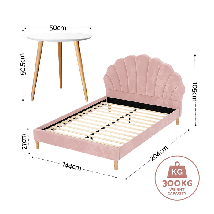 Artiss Double Bed Frame and Round Coffee Table Set Pink Velvet Bedhead with Wooden Side Table