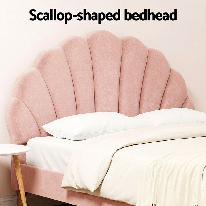 Artiss Double Bed Frame and Round Coffee Table Set Pink Velvet Bedhead with Wooden Side Table