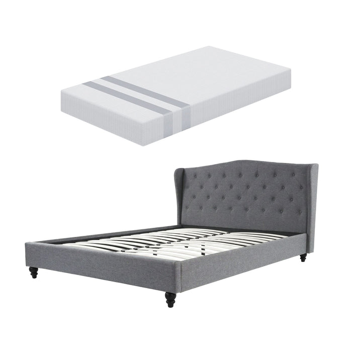 Artiss and BedStory Double Bed Frame and Mattress Set Memory Foam Cooling Gel Medium Soft Tufted Wing Headboard Grey