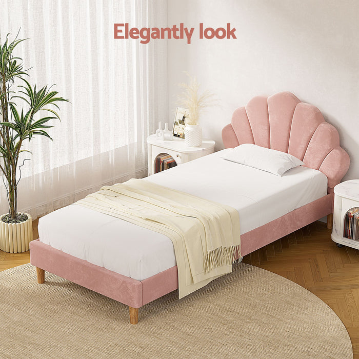 Artiss King Single Bed Frame BedStory Mattress Set Pink Velvet Scallop Bedhead with 20cm Mattress