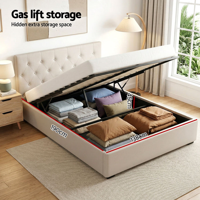 Artiss Double Bed Frame with Storage and Bedside Table Set Tufted Linen Gas Lift Bed Base and 2-Drawer Nightstand
