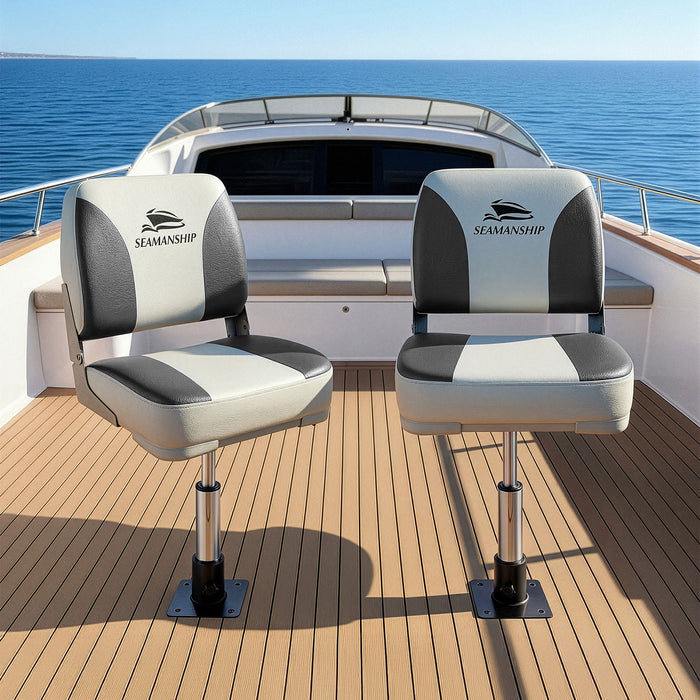 Seamanship 2X Folding Boat Seats with 2X Adjustable Pedestals 34–46cm Marine Swivel Low Back 13cm Padding Charcoal