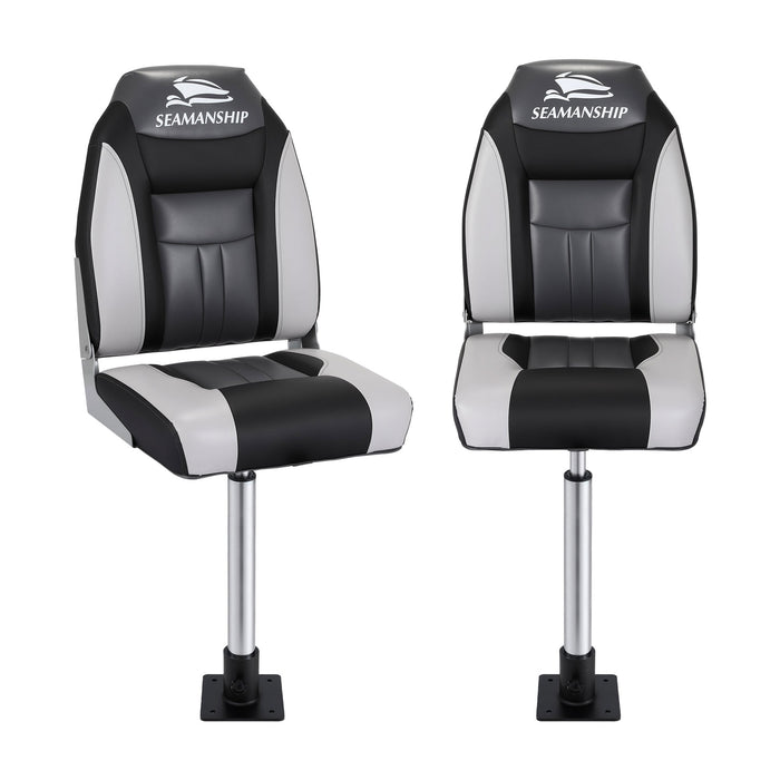 Seamanship 2X Folding Boat Seats with 2X Adjustable Pedestals 55–75cm Marine Seat Swivel High Back 12cm Padding Black