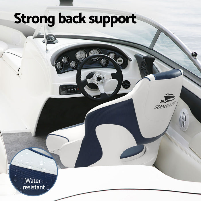Seamanship Captain Bucket Boat Seats Flip Up Bolster Swivel 15cm Padding with Adjustable Pedestals 55–75cm Blue
