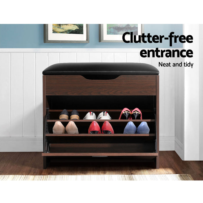 Artiss 2x Shoe Bench Set Flip Drawer Walnut