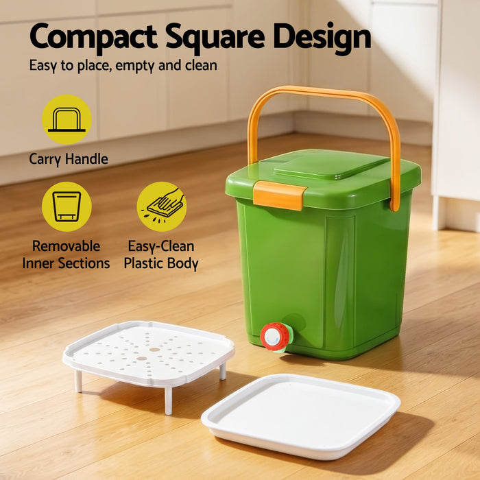 Gardeon 15L Kitchen Compost Bin Food Waste Caddy Drain Tap Green