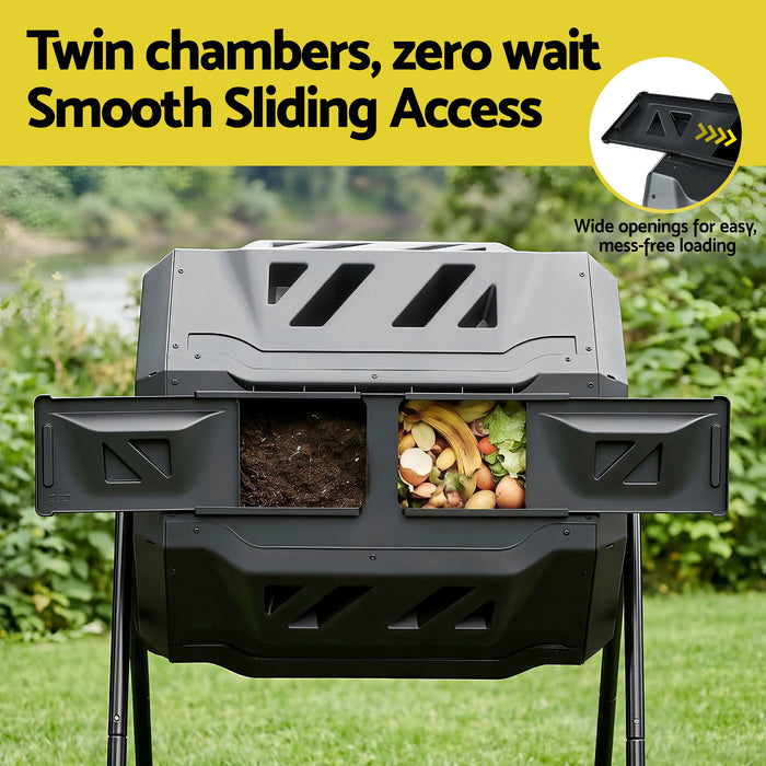 Gardeon Compost Bin Dual-Chamber 160L Composter Tumbler Rotating Garden Recycle Food Waste