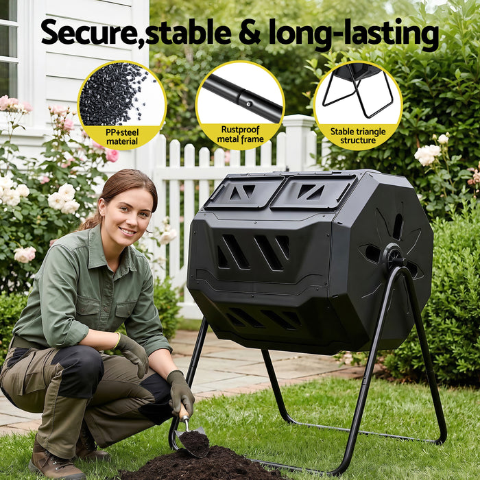 Gardeon Compost Bin Dual-Chamber 160L Composter Tumbler Rotating Garden Recycle Food Waste