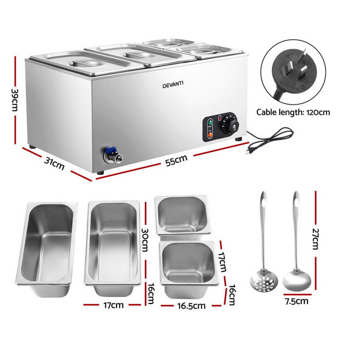 Devanti Commercial Food Warmer Bain Marie 4 Electric Buffet Pans
