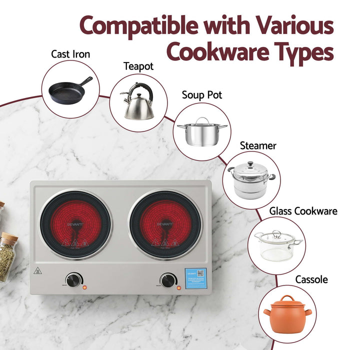 Devanti 2 Hobs Ceramic Cooktop Electric Hot Plate Infrared Knob Control 2400W