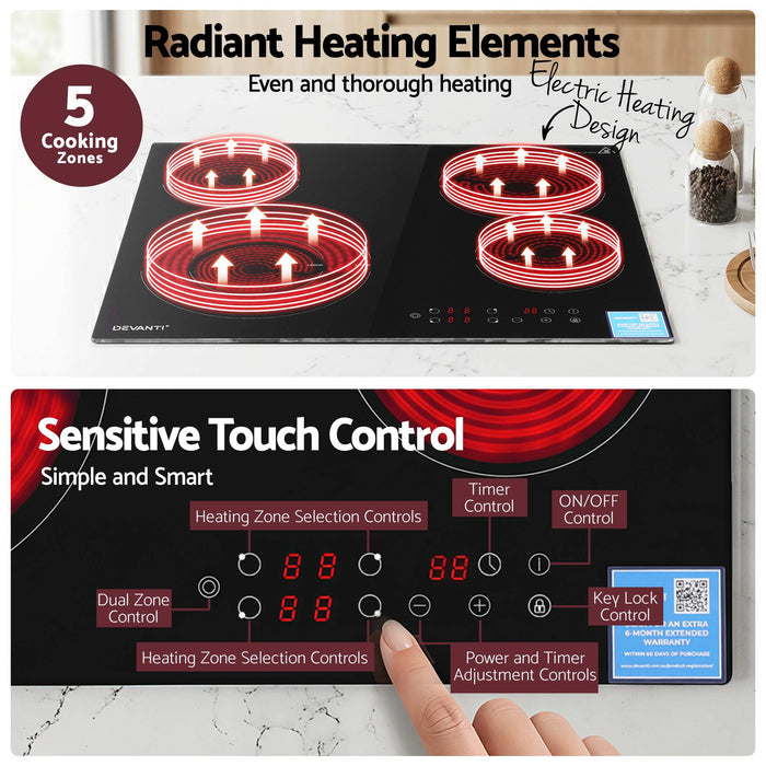Devanti Ceramic Cooktop 5 Cooking Zone 4 Electric Hobs Touch Control 7600W Black